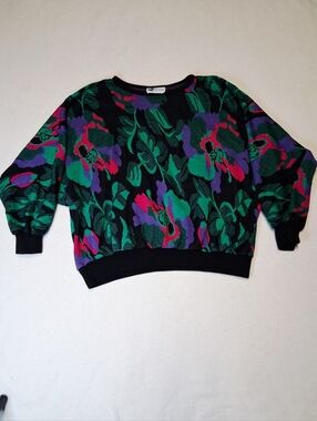 Black Floral Knit Pullover with Green, Purple & Pink Blooms
